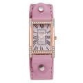 Detail of rose gold rectangular watch with crystal inlay and pink leather strap - Pink