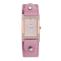 Detail of square rose gold watch with pink leather strap and rhinestone bezel inlay - Pink