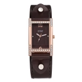 Reloj de cuarzo vintage para mujer con caja en H de strass y correa de cuero marrón - café