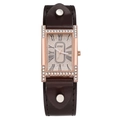 Reloj de cuarzo cuadrado vintage oro rosa con pedrería y correa de cuero marrón - Café Oscuro
