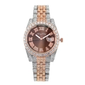 Luxury gold-silver steel watch with crystals, Roman numerals, and date window - Two-tone Rose Gold Red Dial