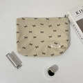 Piatto di borsa per trucco in velluto a coste color crema con stampa fiocchi neri - Borsa da trucco bianco crema con fiocco