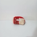 Detail of red and beige checkered teddy fleece coin purse with mayrabbit woven label - Red Coffee Plaid