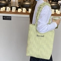 Borsa tote in tela a scacchi gialli e blu con manici a volant e ricamo Second - Quadri Verdi