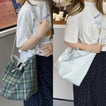 Sac cabas léger en toile avec lettrage Paris Hello Bag et motif à carreaux verts - Bleu Gris