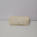Beige quilted cosmetic bag with colorful heart embroidery and May Rabbit woven label - Off-white Heart Embroidered Pencil Case