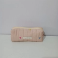 Quilted light pink makeup bag with colorful heart embroidery and white fabric label - Pink Heart Embroidered Pencil Case