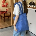 Borsa tote in tela a quadretti blu con manici arricciati e stampa Second - Quadri Blu