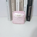 Pink quilted square makeup bag with heart pattern and May Rabbit tag on book background - Pink Heart