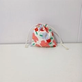 Close-up of floral print cotton drawstring bag with colorful blossoms and beige ropes - Pink Purple Small Flower
