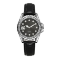 Elegant women's quartz watch with black leather strap and sparkling crystal bezel - Black