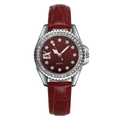 Women's quartz watch with red leather strap, silver diamond-set bezel and star hour markers - Red