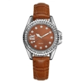 Elegant women's quartz watch with brown leather strap and sparkling rhinestone bezel - Brown