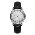 Montre quartz femme avec lunette en strass brillants et bracelet en cuir noir vue de dessus - Bracelet Noir Cadran Blanc