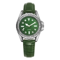 Luxury quartz watch for women with green leather strap and sparkling crystal bezel decoration - Green
