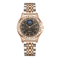 Elegant two-tone steel quartz watch with crystal bezel and moon phase display - Black Dial