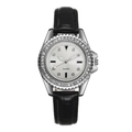 Elegant women's quartz watch with silver rhinestone bezel and black leather strap - Black Strap White Dial