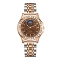 Men's business quartz watch with rose gold silver steel band and crystal bezel - Brown Dial