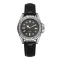 Elegant women's quartz watch with sparkling diamond bezel and black leather strap - Black