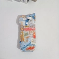Detailed view of quilted fabric glasses case with blue cartoon street illustration and button - Rabbit Family