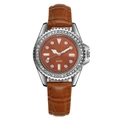 Elegant women's quartz watch with brown leather strap and rhinestone bezel on white background - Brown