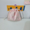 Detailed close-up of pink floral drawstring storage pouch with double rope closure - Pink Rose