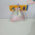 Close-up of small floral cotton drawstring pouch for jewelry and cosmetic storage - Pink Flower Sea