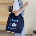 Borsa a secchiello in tela blu scuro con ricamo di cucciolo e coulisse da donna - Blu scuro