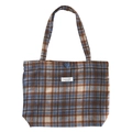 Borsa tote vintage in lana a quadri blu e marroni con bottone a cuore blu e manici - Quadri blu e arancioni