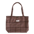 Borsa tote vintage in lana a quadri marrone con chiusura a bottone e marchio chic - Griglia rosa