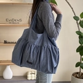 Grand sac cabas bleu-gris en coton et lin avec détails à volants plissés - Bleu
