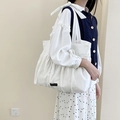 White large capacity pleated cotton linen tote bag with Romance label detail - White