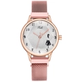 Women's quartz watch with rose gold case, pink mesh magnetic band and girl illustration - Pink