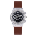 Modische Herren-Quarzuhr mit diamantbesetzter Lünette und braunem Silikonarmband - Schwarzes Zifferblatt Braunes Armband