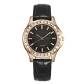 Detailed close-up of a quartz watch with rose gold bezel and black leather strap - Black