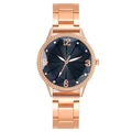 Women's quartz watch with rose gold strap and sunray black dial featuring rhinestones - Blue
