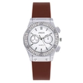 Détail de la lunette argentée avec strass incrustés et sous-cadrans sur le cadran blanc - Cadran Blanc Bracelet Marron