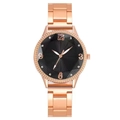 Women's rose gold watch with black sunray dial, rhinestone bezel, and metal strap - Black
