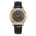 Men's fashion quartz watch with rose gold diamond bezel and black leather strap - Black