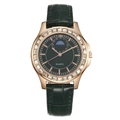 Women's rose gold quartz watch with green dial and leather strap in moon phase design - Green