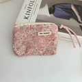 Close-up of small floral cotton coin purse with pink rose pattern and woven zipper rope - Pink Rose