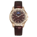 Women's rose gold quartz watch with diamond bezel and brown leather strap - Red