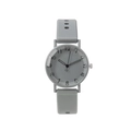Detail view of grey quartz watch dial with artistic black numerals and silicone strap - Gray