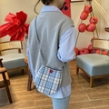 Blue and white plaid mini crossbody bag with a round base and red button detail - Blue Plaid (Shiny) Egg Bag