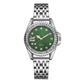 Elegant emerald green quartz watch with silver steel band and crystal bezel - Green