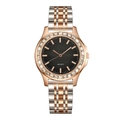 Women's quartz watch with two-tone steel band and rhinestone bezel on black textured dial - Black