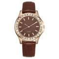 Women's quartz watch with rose gold diamond bezel and brown crocodile leather strap - Brown