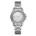 Elegant silver quartz watch for women with rhinestone bezel and star shaped hour markers - White