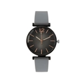 Macro shot of minimalist round grey dial watch with rose gold indices and grey strap - Gray