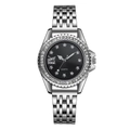 Silver luxury women's watch with starry dial and rhinestone bezel on steel strap - Black
